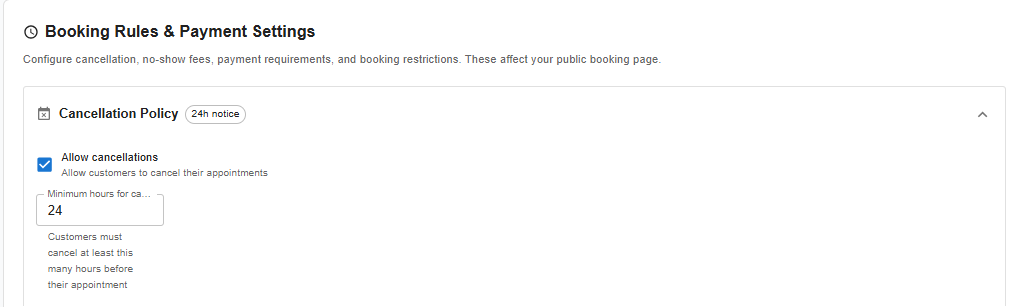 Cancellation Policy settings